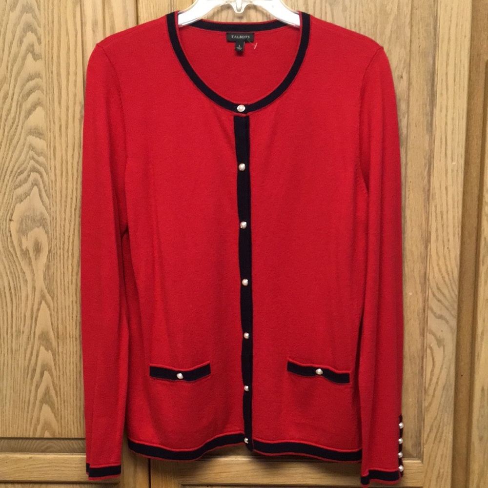 Talbots red and blue bottom down dressy sweater with pearl buttons.